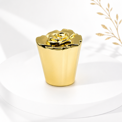 Nhà máy Logo tùy chỉnh gương đánh bóng 3D hoa hồng Zamac nước hoa Cap bóng vàng hợp kim kẽm cong cong cong hoa nắp tương thích FEA15 thủy tinh phụ nữ Oud nước hoa chai