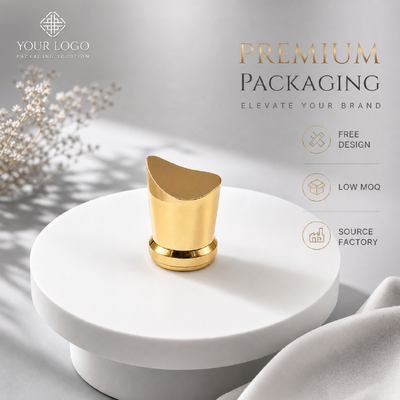 Nắp chai nước hoa hợp kim kẽm hình lưỡi liềm cong, bán sỉ tại nhà máy, màu vàng sáng, nắp chai nước hoa Zamac, logo tùy chỉnh, vỏ kim loại cho chai nước hoa OEM