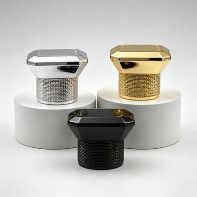 Luxury Multi‐faceted Octagonal Zinc Alloy Perfume Cap Embossed Mesh Pattern Base Zamac Perfume Bottle Lid Multi‐Color Mirror Electroplating Custom Logo OEM ODM